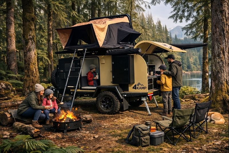Escena familiar acampando junto al 4KAMP en bosque
