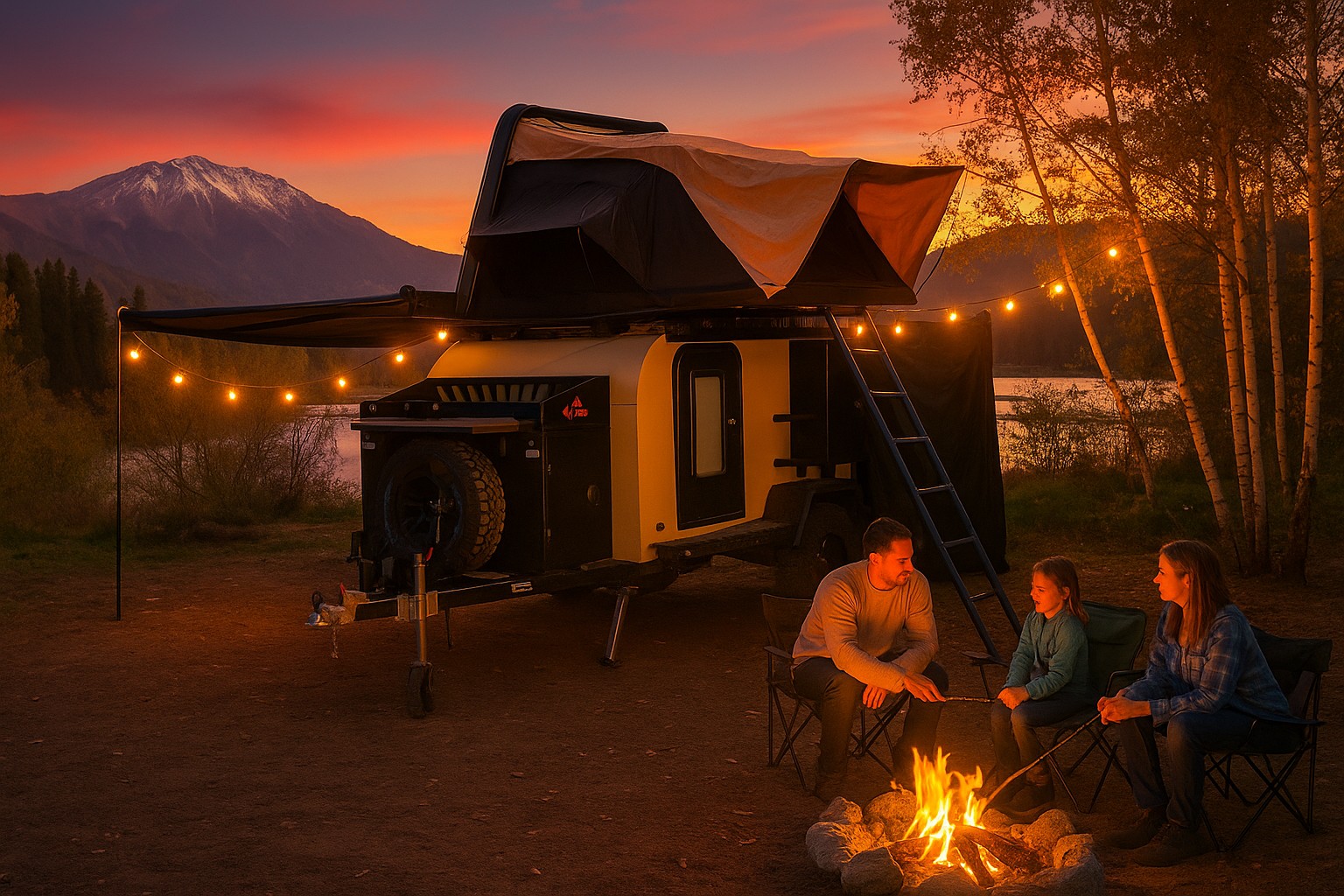 Campamento familiar al atardecer con toldo 180º y fogón.